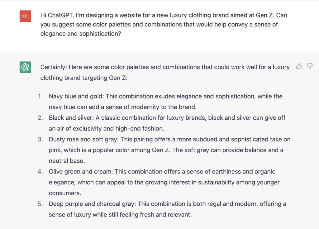 A screenshot with color scheme ideas from ChatGPT