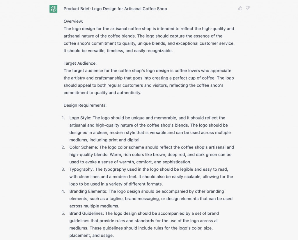 A screenshot with a product brief from ChatGPT