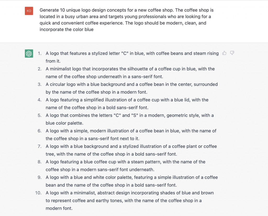 A screenshot with design ideas from ChatGPT