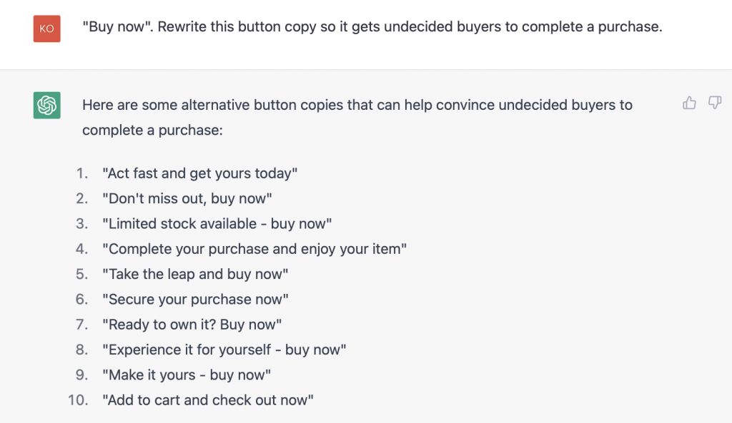 A screenshot with button copy ideas from ChatGPT